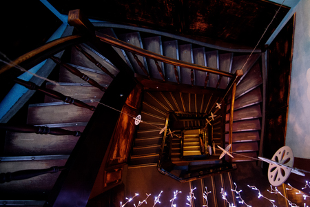 An old wooden stairs in old city, located in Lviv, Ukraineの写真素材
