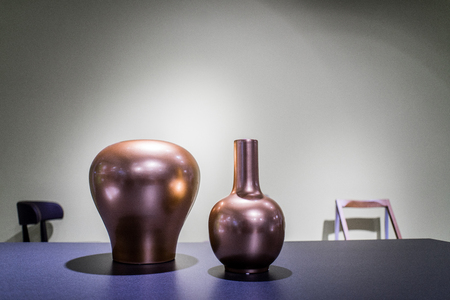 Modern design vases on loft table interiorの写真素材