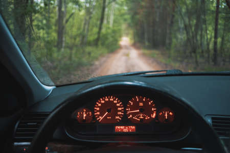 Road trip inside of forest. Drivers point of view with classic instrument cluster designの写真素材