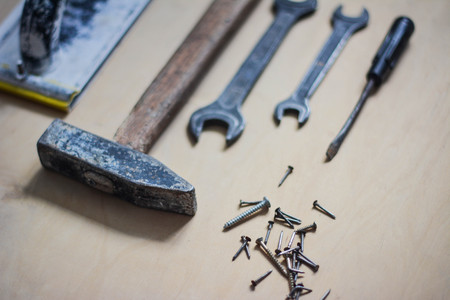 Set of instruments for repairing on woodの写真素材