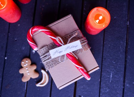 Decorated Christmas Present in the Cardboard Boxの写真素材