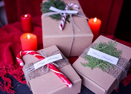 Decorated Christmas Present in the Cardboard Boxの写真素材