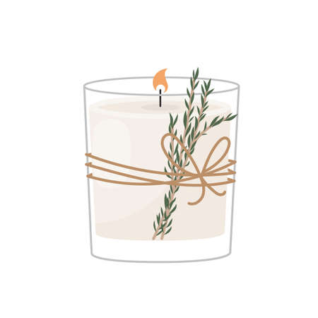 Pastel candlestick with a candle decorated with herbs isolated on a white background. The concept of coziness and home comfortのイラスト素材