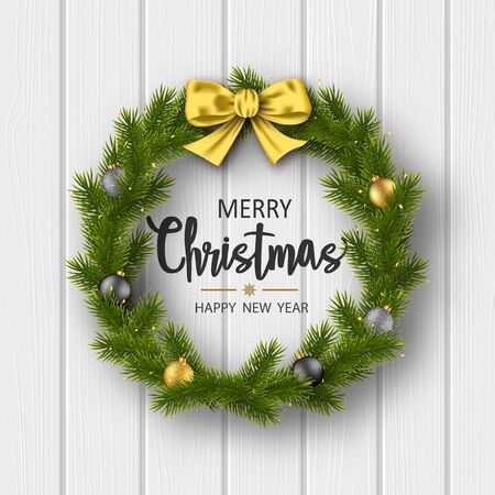 Christmas greeting card with pine branches and christmas balls. Vector illustrationのイラスト素材