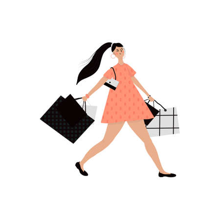 Illustration of a young woman walking with shopping bagsのイラスト素材
