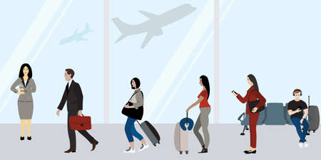 Illustration of people at the airport departures standing in lineのイラスト素材