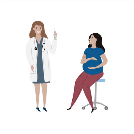 Vaccination immunity cartoon pregnant caucasion woman and caucasion doctor.のイラスト素材