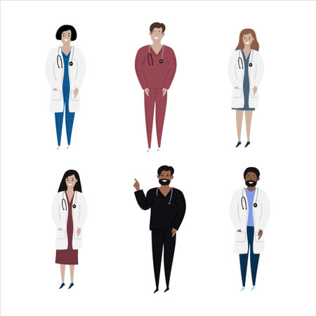 Cartoon set of hand drawn isolated charachters diverse multiple nationalities adult doctors. Black, asian, caucasion doctors.のイラスト素材