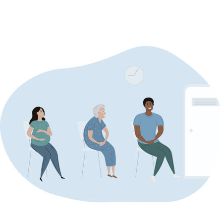 Patients diverse people in doctors waiting room vector illustration. Cartoon flat pregnant woman, black man , old woman characters sit and wait for doctoral appointment in the waiting room. Medical healthcare background. Vector illustration.のイラスト素材