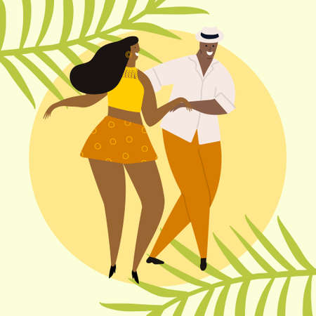 Hand drawn vector illustration of a couple dancing sexy fun salsa, mambo dance. Isolated on tropical background. Dance school, festival, party, carnaval, invitation concept.のイラスト素材