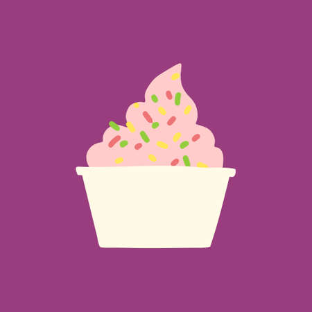 Hand drawn illustration of paper cup with strawberry, raspberry soft serve ice cream or gelato or...