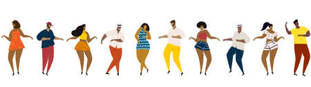 Hand drawn vector illustration of various people - men and women of diverse multi-racial background dancing happy fun dance. Seamless bannerのイラスト素材