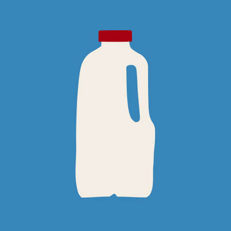 Hand drawn vector illustration of milk in plastic white half gallon jug with red cap. Isolated on blue backgroundのイラスト素材