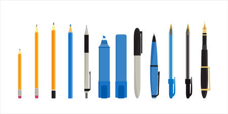 Flat vector illustration of various pens, pencils, markers and highlighters. Isolated on white background.のイラスト素材