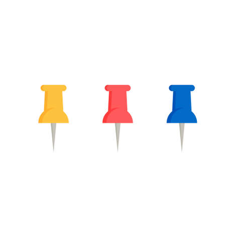 Flat vector illustration of yellow, red, blue office pins. Isolated on white background