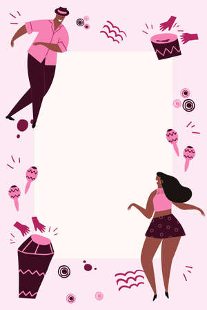 Hand drawn cartoon style vector illustration. Template with bongos, dancers and conga drums in pink colors. Design for card, flyer, invitation with space for text.のイラスト素材