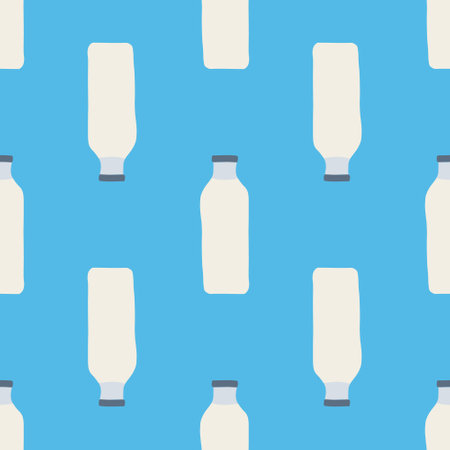 Seamless pattern of milk bottles in hand drawn doodle line style. vector illustration on blue background.のイラスト素材