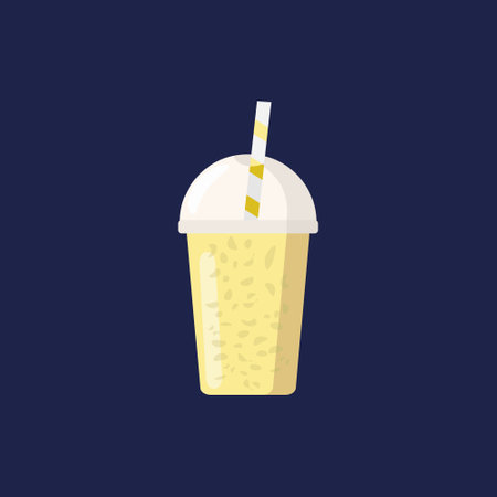 Flat vector illustration of yellow plastic to go cup with fruit and milk smoothie with strawのイラスト素材
