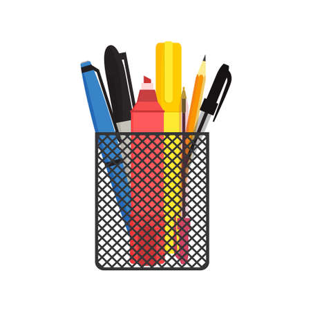 Flat vector illustration of various pens, pencils and scissors in black mesh pen holder. Isolated on white background.のイラスト素材