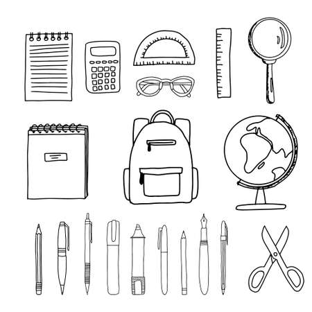 Hand drawn doodle sketch style vector illustration of of school and office supplies around a backpack. Paper, notepad, scissors, pens, pencils, geographical globus, Back to school conceptのイラスト素材