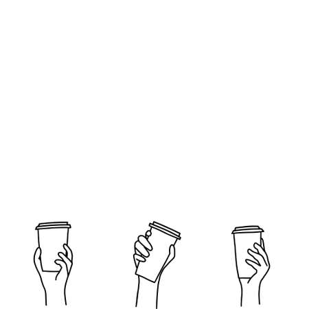Set of hand drawn doodle sketch vector illustration of various male and female hands in a side view holding coffee or tea disposable to go paper cups. Isolated on white backgroundのイラスト素材