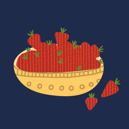 Hand drawn stylized vector illustration of red strawberries in a bowl. Cartoon abstract doodle style isolated on white backgroundのイラスト素材