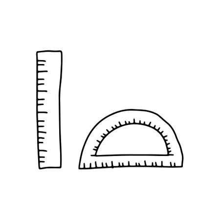 Hand drawn doodle sketch style vector illustration of rectangular ruler and protractor. Black isolated on white backgroundのイラスト素材