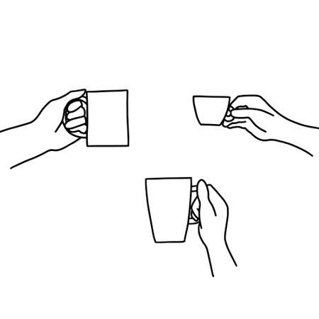 Hand drawn doodle sketch vector illustration of male and female hands in a side view holding coffee or tea mug and espresso cup. Isolated on white backgroundのイラスト素材