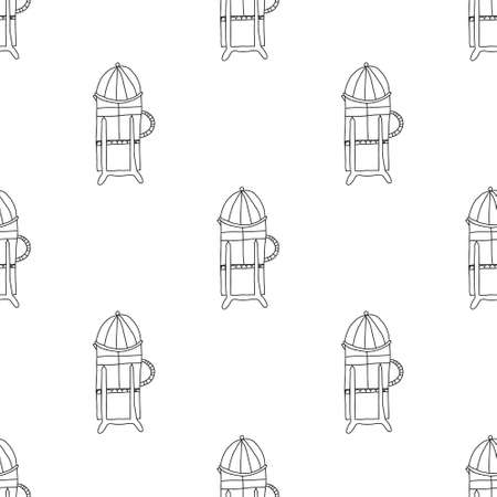 Vector illustration of seamless pattern of French press coffee pot. Hand drawn doodle style. White background.のイラスト素材