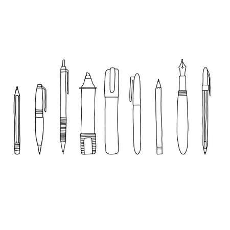 Hand drawn doodle sketch style vector illustration of various pens, pencils, markers and highlighters in horizontal layout. For webpage background banner design. Black, isolated on white background.のイラスト素材