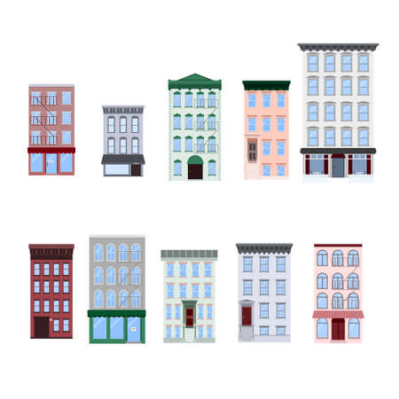 Set of flat vector illustration of walk-up residential apartment buildings, houses, stores, cafe, restaurants. Isolated on white backgroundのイラスト素材