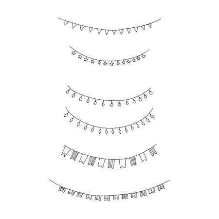 Hand drawn vector illustration of set of party celebration garlands, flags and lights. Cartoon doodle style isolated on white background.のイラスト素材