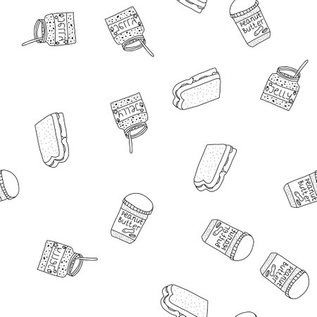 Seamless pattern hand drawn vector illustration peanut butter jelly sandwich and jars of peanut butter and jelly. Good for backgrounds, textile design, wallpaper, wrapping paper. Cartoon doodle style back and white colorsのイラスト素材