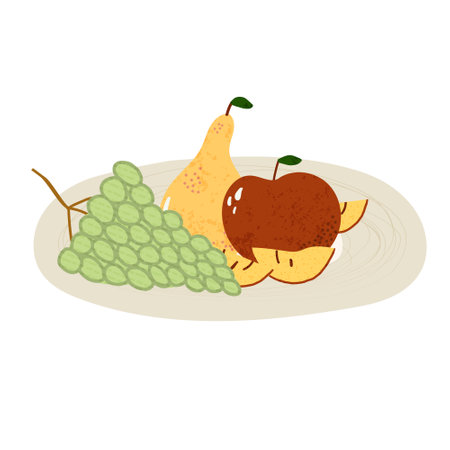 Hand drawn vector illustration of plate with various fruits red apples, yellow pears, green grapes. Healthy snack concept. Abstract cartoon style isolated on white backgroundのイラスト素材