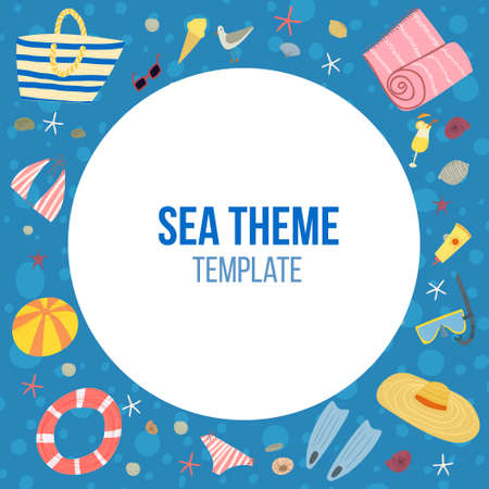 Hand drawn vector illustration of set with summer vacation beach set items hat, sun screen, swimming suit, ice cream. Card, invitation, banner, round, template.のイラスト素材