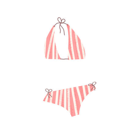 Hand drawn vector illustration of pink striped woman bikini swimming suit. Isolated on white backgroundのイラスト素材