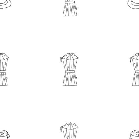 Vector illustration of seamless pattern of moka percolator coffee pot. Hand drawn doodle style. White background.のイラスト素材