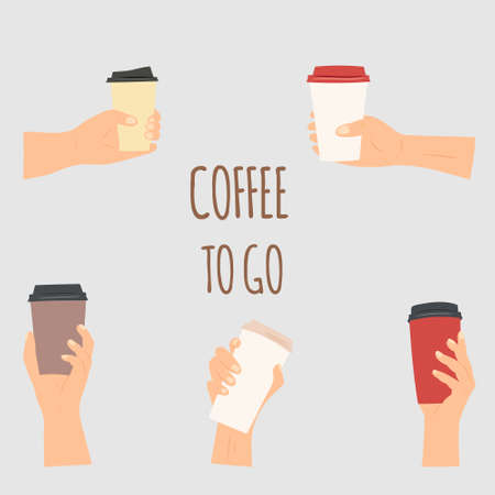 Hand drawn sketch vector illustration set of female and male hands in side view hold paper to go coffee or tea cups. Isolated on white backgroundのイラスト素材