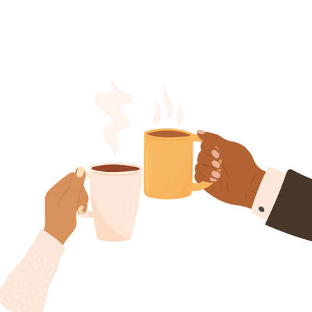 Hand drawn color sketch vector illustration of black hands with sweater in a side view holding coffee mugs with aroma steam. Concept of diversity, cozy, warm, friendship, loveのイラスト素材