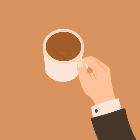 Hand drawn color sketch vector illustration of male hand holding coffee mug in top view. Isolated....