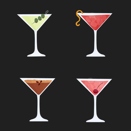 Hand drawn vector illustration of glasses with Dirty Martini, Cosmopolitan, Manhattan cocktails. Isolated on white background.のイラスト素材