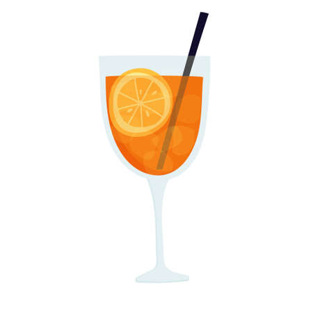 Hand drawn vector illustration of Aperol spritz cocktail in glass with ice and straw. Isolated on white background.のイラスト素材