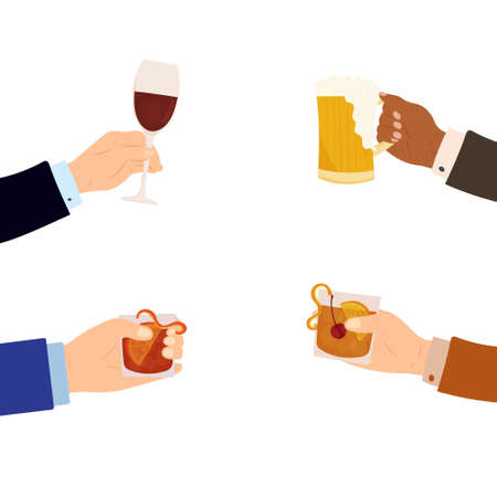 Hand drawn cartoon vector illustration of diverse male and female hands holding various drinks....