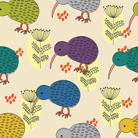 Funny cartoon seamless pattern - summer birds in flowers のイラスト素材