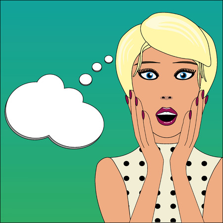Surprised woman face with open mouth and message bubbleのイラスト素材