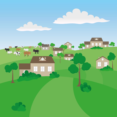 Village landscape with cows and housesのイラスト素材