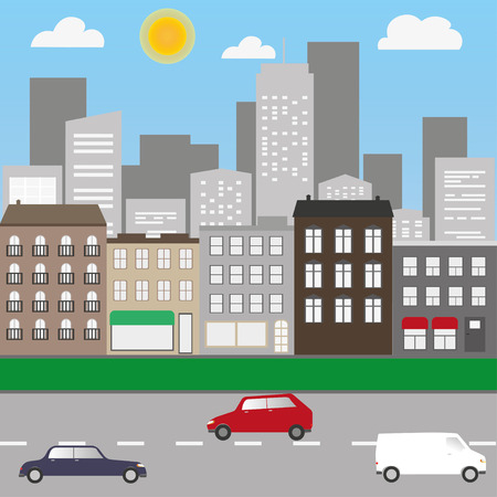 City landscape with cars and shopsのイラスト素材