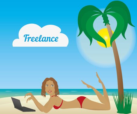 Beautiful tanned girl laying on a beach with laptop. Freelancer logo.のイラスト素材