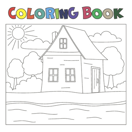 Coloring book with house and river: farm landscapeのイラスト素材