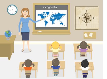 illustration of teacher teaching geography in a classroomのイラスト素材
